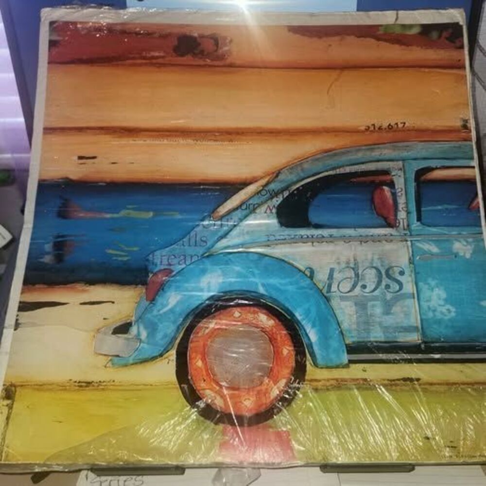 Vintage Volkswagen Beetle Beach Scene Canvas Wall Art Print 12 x 13"